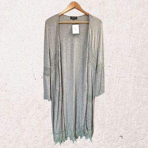 POL Women's Long Open Cardigan in Light Gray with Lace Trim